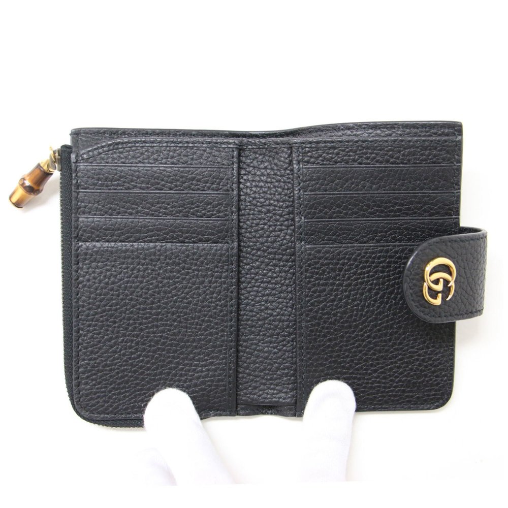 GUCCI Double G Medium Wallet with Bamboo Bi-fold Wallet Compact Leather Black - Picture 3 of 8